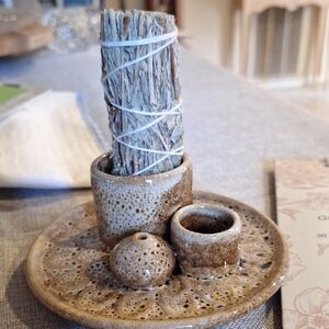 Rustic Ceramic Incense And Sage Holder Set - Brown